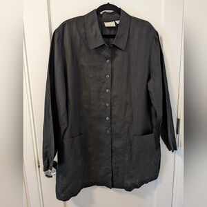 Liz Claiborne Vintage Women 100% Linen Long Sleeve Button Down Tunic Black Sz 18
